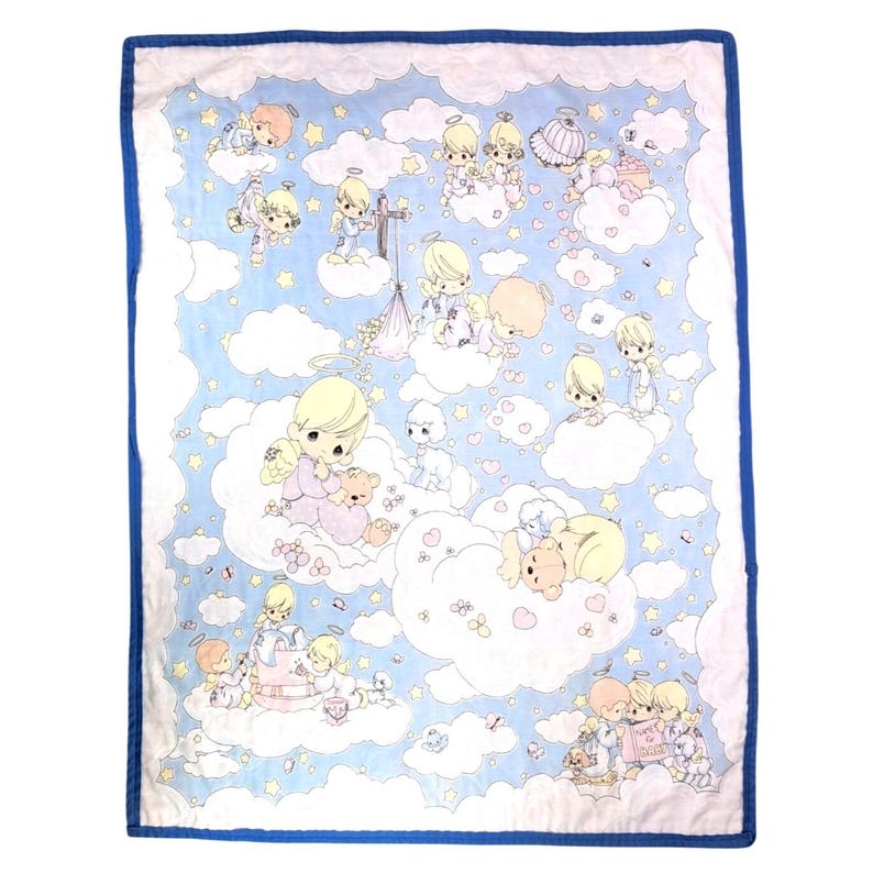 Vintage Handmade Precious Moments Baby Angel Quilt Blanket Blue Double Sided image 1