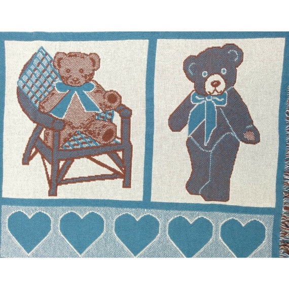 Tapestry Throw Blanket Vintage Teddy Bears Hearts MWW 1992 48 X 71 Fringe Blue Etsy