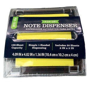 May include: A black and yellow note dispenser with a pop-up feature. It has a 100-sheet capacity and includes 50 sheets of 3 x 3 inch sticky notes. The dispenser measures 4.09 x 4.02 x 1.56 inches.