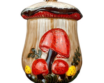 Vintage Mushroom Cookie Jar Orange Arnel's Hand Painted Ceramic Signed Canister Made In Beaverton Oregon Orange Brown Yellow