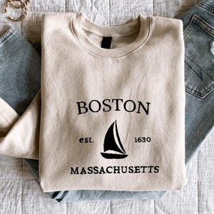 Boston Massachusetts Embroidered Sweatshirt - Coastal Gift for Her, Preppy Crewneck, New England Aesthetic