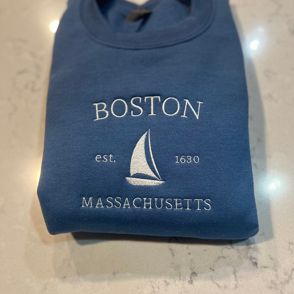 Embroidered Boston Massachusetts Sweatshirt Crewneck, City Crewneck