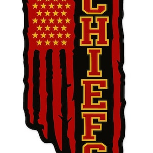 May include: A sticker featuring a distressed American flag design in red, black, and gold. The word "CHIEFS" is vertically stacked in a bold, blocky font. The flag portion has gold stars.