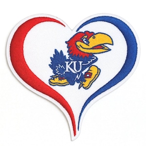 Kansas Jayhawks Embroidered Heart Patch: KU Fan Applique (3.5" x 3.25")