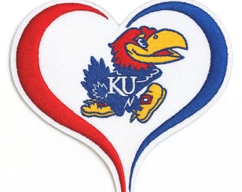 Kansas Jayhawks Embroidered Heart Patch: KU Fan Applique (3.5" x 3.25")
