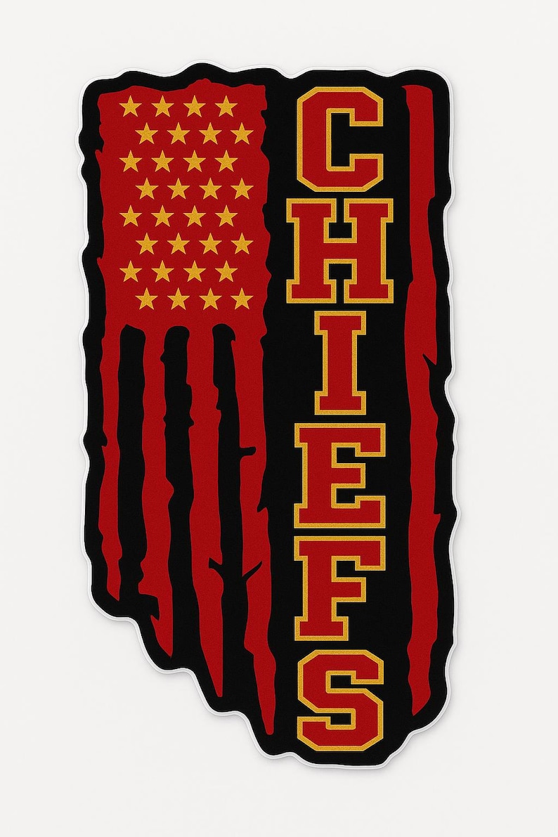 May include: A sticker featuring a stylized American flag design in red, black, and gold. The word "CHIEFS" is vertically stacked in gold letters. The design has a distressed, vintage look.
