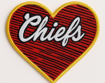 Chiefs Heart Patch: Embroidered Iron-On Applique (3" x 2.50")