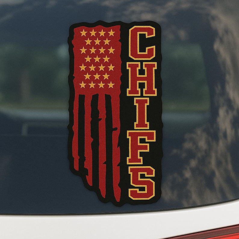 May include: A Chiefs-themed sticker featuring a distressed American flag design in red, black, and gold. The word "CHIEFS" is vertically stacked in a bold, outlined font, complementing the flag's stars and stripes.