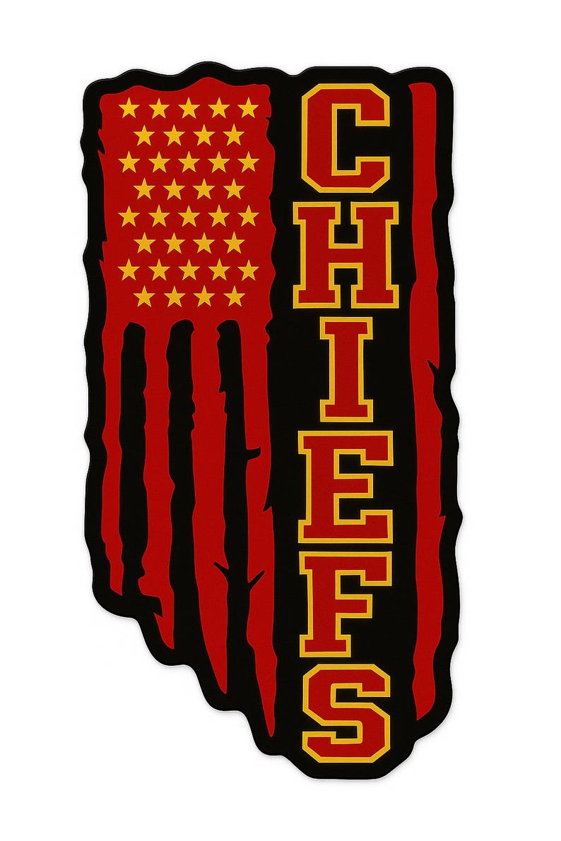 May include: A sticker featuring a distressed American flag design in red, black, and gold. The word "CHIEFS" is vertically stacked in a bold, blocky font. The flag portion has gold stars.
