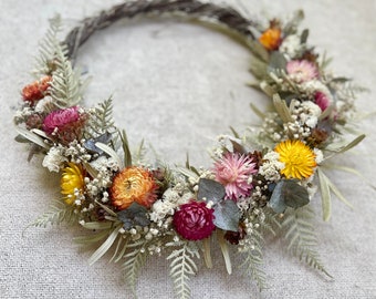 Colourful Rustic Boho Birchvine Dried Flowers Wreath featuring Natural Strawflowers & Bracken Fern