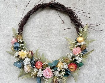 Colourful Rustic Boho Birchvine Dried Flowers Wreath featuring Natural Strawflowers