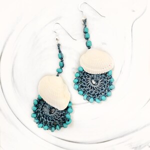 turquoise crochet earrings, crochet earrings, shell earrings, handmade earrings, Sterling Silver Ear Wire, silver earrings, kitsch mermaid
