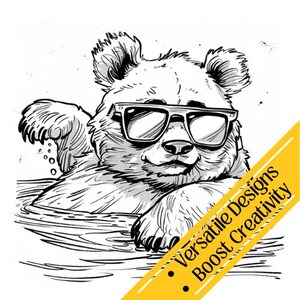 Puede incluir: Una ilustración en blanco y negro de un oso con gafas de sol flotando en el agua. El oso mira hacia la derecha. El texto "Versatile Designs" y "Boost Creativity" está en una pancarta amarilla.