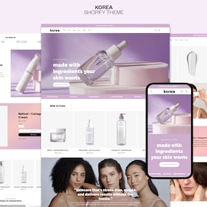 May include: A website homepage for a skincare brand called "Korea". The website features a purple and white color scheme and highlights the brand's commitment to using natural ingredients. The website also features a variety of skincare products, including a retinol and collagen cream, a moisturizer, and a body wash.