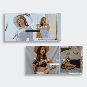 May include: Two images showcasing women's clothing. The first image features a woman wearing a white dress with the text "Summer Afterglow" and "Shop New Collection". The second image features two women wearing different outfits with the text "Back to Basics" and "Shop Now".