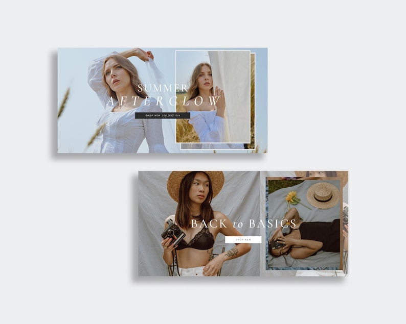 May include: Two images showcasing women's clothing. The first image features a woman wearing a white dress with the text "Summer Afterglow" and "Shop New Collection". The second image features two women wearing different outfits with the text "Back to Basics" and "Shop Now".