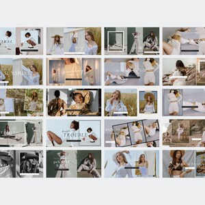 May include: A collection of 18 Instagram story templates featuring various models wearing different outfits and poses. The templates feature a variety of backgrounds, including nature, cityscapes, and abstract designs. The text on the templates includes phrases like "New Arrivals", "Sunshine", "Just Arrived", "Back to Basics", and "Double Trouble".