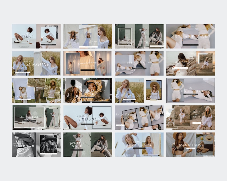 May include: A collection of 18 Instagram story templates featuring various models wearing different outfits and poses. The templates feature a variety of backgrounds, including nature, cityscapes, and abstract designs. The text on the templates includes phrases like "New Arrivals", "Sunshine", "Just Arrived", "Back to Basics", and "Double Trouble".