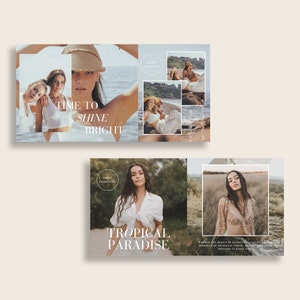 May include: Two images featuring women wearing summer clothing. The first image shows two women in white tops and a straw hat. The text "TIME TO SHINE BRIGHT" is superimposed on the image. The second image shows a woman in a white top and a woman in a floral top. The text "TROPICAL PARADISE" is superimposed on the image.