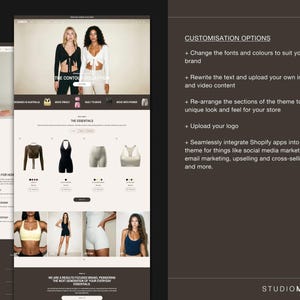 May include: A website mockup for a fashion brand, displaying clothing and models. The design includes tops and shorts. The site's layout highlights customisation options and integration with Shopify apps for social media and marketing.