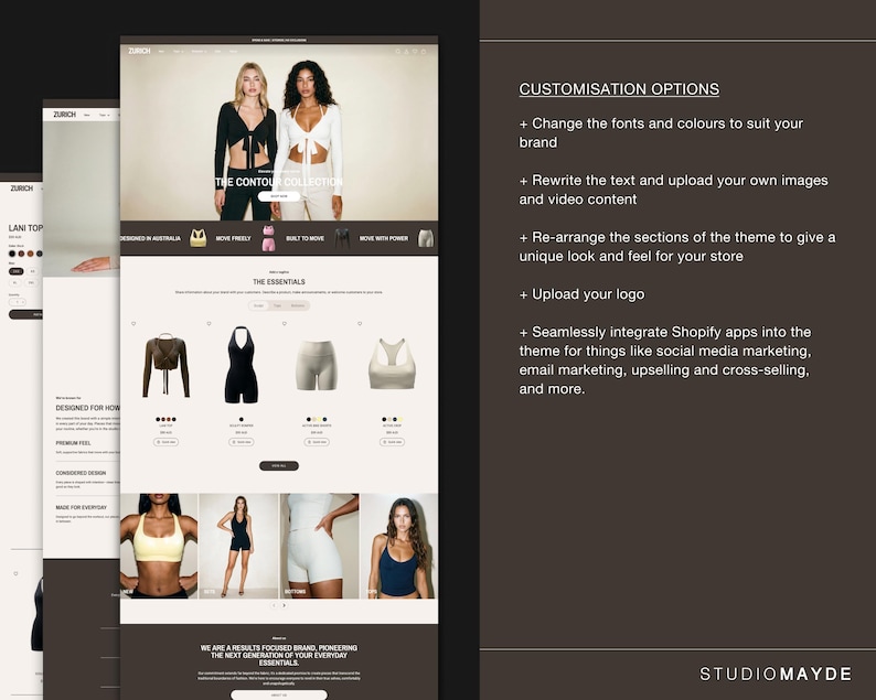 May include: A website mockup for a fashion brand, displaying clothing and models. The design includes tops and shorts. The site's layout highlights customisation options and integration with Shopify apps for social media and marketing.
