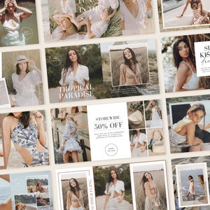 May include: A collection of images featuring women in various summery outfits and poses. The images are set against a backdrop of beaches, sand, and greenery. The text "Tropical Paradise" is featured in one of the images.