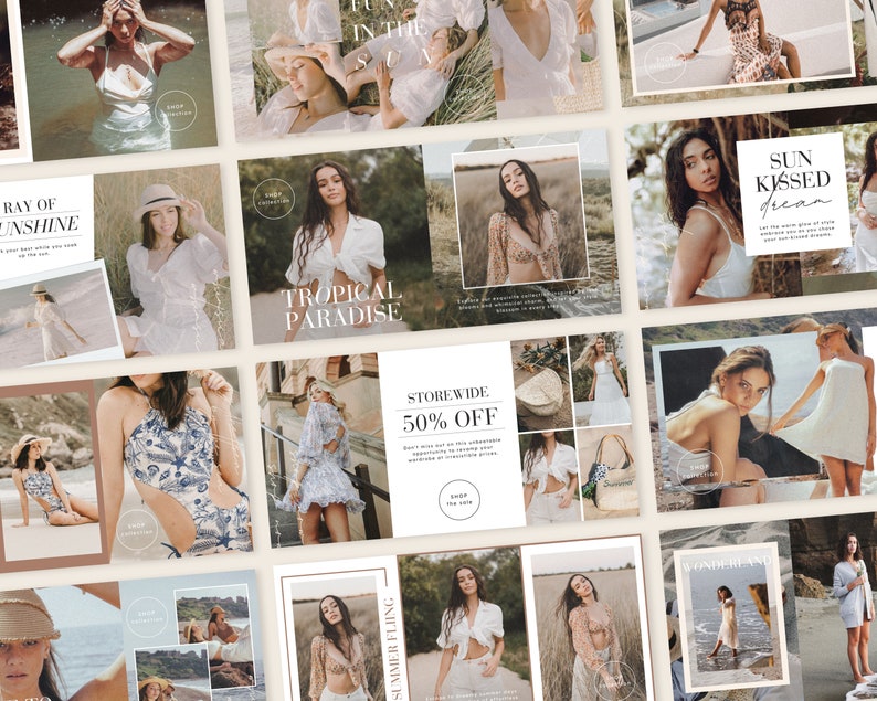 May include: A collection of images featuring women in various summery outfits and poses. The images are set against a backdrop of beaches, sand, and greenery. The text "Tropical Paradise" is featured in one of the images.