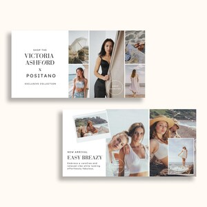 May include: Two promotional images for a clothing collection. The first image features a collage of photos of women wearing white clothing in a beach setting. The text reads "Shop the Victoria Ashford x Positano Exclusive Collection". The second image features a collage of photos of women wearing white clothing in a beach setting. The text reads "New Arrival Easy Breezy Embrace a carefree and relaxed vibe while looking effortlessly fabulous."