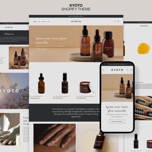 May include: A website homepage for a skincare brand called Kyoto. The website features images of skincare products, including bottles of oil and a jar of body scrub. The website also features text that says "Ignite your inner glow naturally" and "Shop Best Sellers".