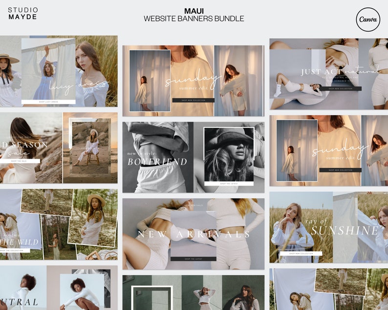 May include: A collection of website banners featuring models wearing various clothing items. The banners have text overlays with phrases like "Sunday", "New Arrivals", "Just Act Natural", and "Ray of Sunshine".