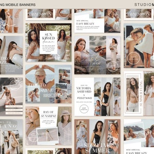 May include: A collection of 12 Instagram story templates featuring a summer theme. The templates feature images of women in summery clothing, with text overlays such as "Sun Kissed Dream", "Time to Shine Bright", "Take Me to Positano", and "The Summer Escape".
