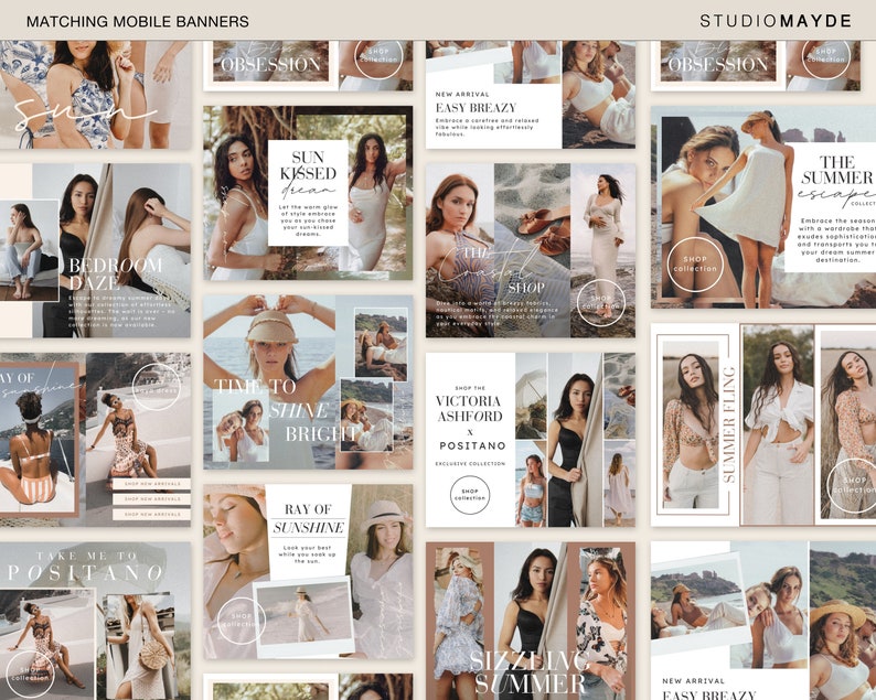 May include: A collection of 12 Instagram story templates featuring a summer theme. The templates feature images of women in summery clothing, with text overlays such as "Sun Kissed Dream", "Time to Shine Bright", "Take Me to Positano", and "The Summer Escape".