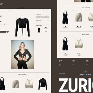 May include: A website product page showcasing a black tie-front top and other activewear items. The page includes product information, a model wearing the top, and suggestions for additional items. The brand name "ZURICH" is displayed at the bottom.