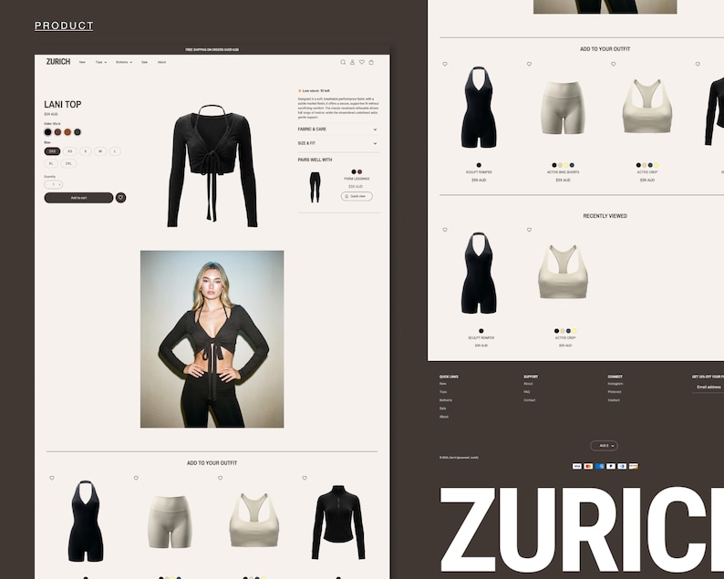 May include: A website product page showcasing a black tie-front top and other activewear items. The page includes product information, a model wearing the top, and suggestions for additional items. The brand name "ZURICH" is displayed at the bottom.