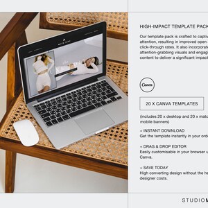 May include: A laptop computer on a wooden chair with a white mouse. The laptop screen shows a website with the text "the lune edit" and a photo of a woman wearing white underwear. The text on the right side of the image reads "HIGH-IMPACT TEMPLATE PACK" and "20 X CANVA TEMPLATES".
