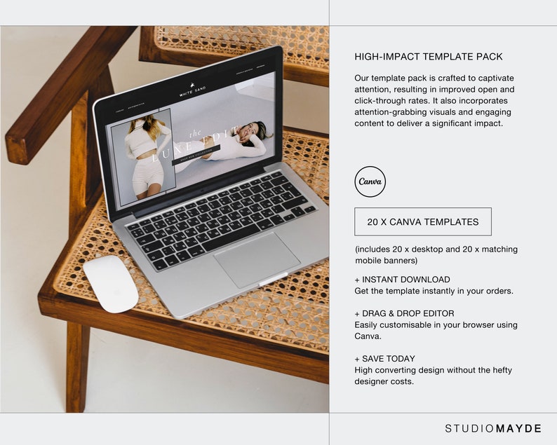 May include: A laptop computer on a wooden chair with a white mouse. The laptop screen shows a website with the text "the lune edit" and a photo of a woman wearing white underwear. The text on the right side of the image reads "HIGH-IMPACT TEMPLATE PACK" and "20 X CANVA TEMPLATES".