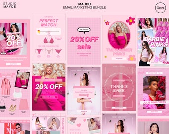 May include: A pink and white collage of images promoting a clothing brand called "Studio Mayde". The images feature models wearing pink clothing and accessories, with text overlays promoting sales and new products. The text includes phrases like "20% off everything", "Barbie Pinks", and "The Summer Pinks".