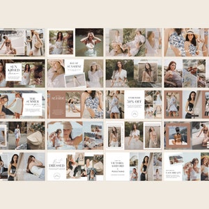May include: A collage of images featuring women in summery clothing and accessories. The images are arranged in a grid pattern and feature a variety of poses and settings. Some of the text in the images includes "Sun Kissed", "The Summer Escape", "Seashore", "Raw of Sunshine", "Tropical Paradise", "Store Wide 50% Off", "Victoria Ashford Positano", "Easy Breaze", and "Best Dressed".