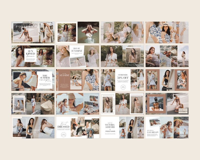 May include: A collage of images featuring women in summery clothing and accessories. The images are arranged in a grid pattern and feature a variety of poses and settings. Some of the text in the images includes "Sun Kissed", "The Summer Escape", "Seashore", "Raw of Sunshine", "Tropical Paradise", "Store Wide 50% Off", "Victoria Ashford Positano", "Easy Breaze", and "Best Dressed".