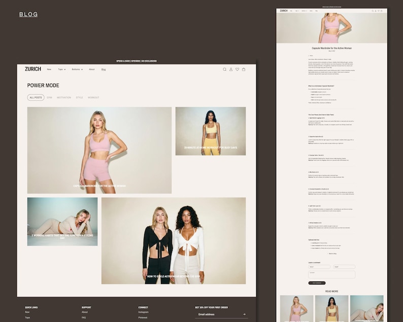 May include: A website design displaying activewear. The images show a woman in a pink sports bra and shorts, another in a yellow sports bra and trousers, and two women in black and white tops with matching bottoms. The website's title is "Zurich".