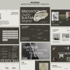 Puede incluir: Una plantilla de estrategia de marketing para una marca de belleza llamada Mykonos. La plantilla incluye secciones para los objetivos de la campaña, el recorrido del cliente, los objetivos de contenido y el tablero de humor. La plantilla está diseñada en un estilo minimalista con un fondo marrón oscuro y texto blanco.