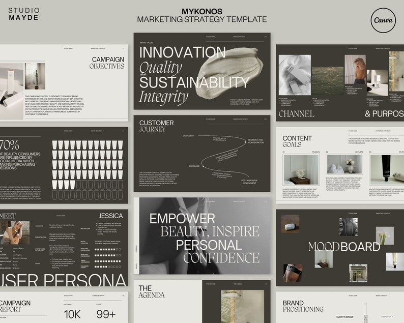 Pu&ograve; includere: Un modello di strategia di marketing per un marchio di bellezza chiamato Mykonos. Il modello include sezioni per gli obiettivi della campagna, il percorso del cliente, gli obiettivi di contenuto e la moodboard. Il modello &egrave; progettato in uno stile minimalista con uno sfondo marrone scuro e testo bianco.