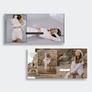 May include: Two fashion advertisements featuring models wearing white clothing. The first ad features a model wearing a white crop top and white shorts. The text "the LUXE EDIT" is displayed above the model. The second ad features a model wearing a white shirt and white pants. The text "LIGHT and SHADE" is displayed above the model.
