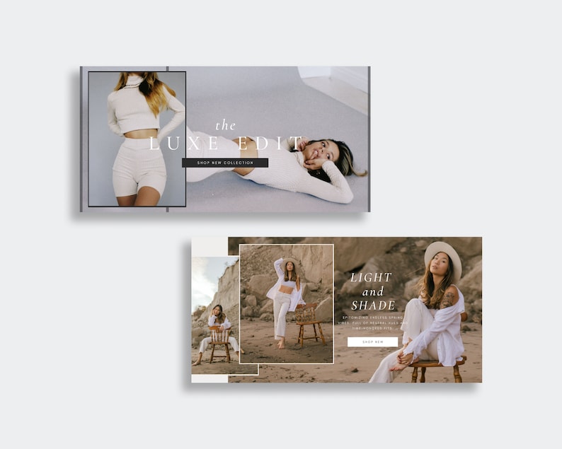 May include: Two fashion advertisements featuring models wearing white clothing. The first ad features a model wearing a white crop top and white shorts. The text "the LUXE EDIT" is displayed above the model. The second ad features a model wearing a white shirt and white pants. The text "LIGHT and SHADE" is displayed above the model.