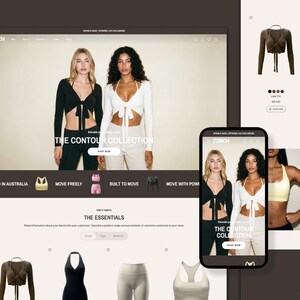 May include: A website homepage for "ZURICH" displaying "THE CONTOUR COLLECTION." The main image shows women in black and white tie-front tops. A smartphone screen mirrors the collection. Other clothing items are also visible, including a halter neck top.