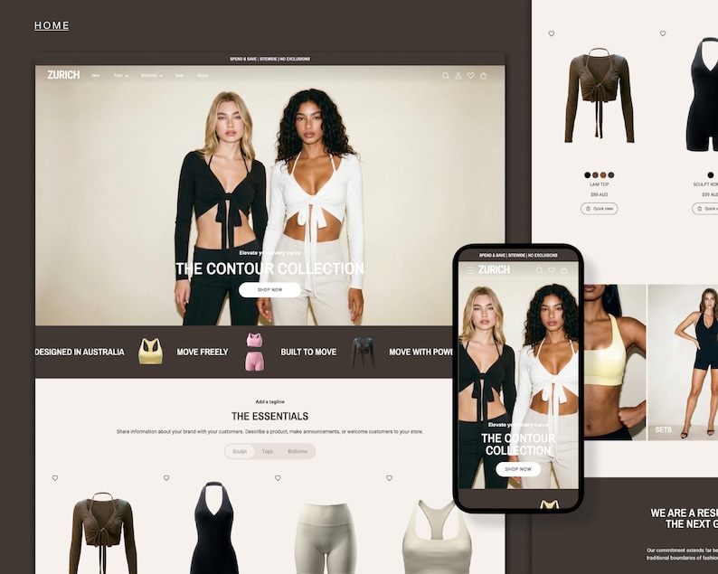 May include: A website homepage for "ZURICH" displaying "THE CONTOUR COLLECTION." The main image shows women in black and white tie-front tops. A smartphone screen mirrors the collection. Other clothing items are also visible, including a halter neck top.