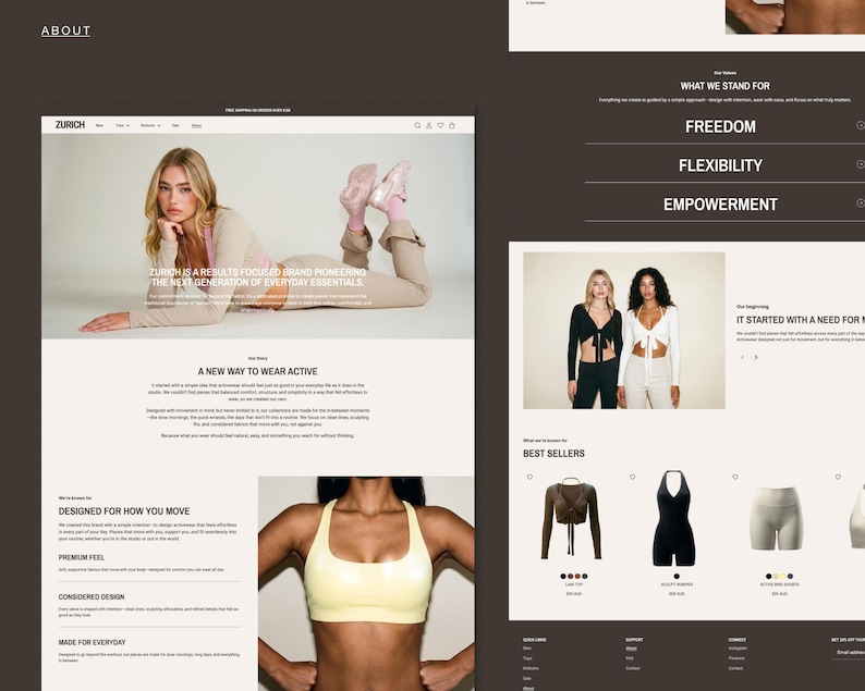 May include: Website design showcasing activewear, with the text "ZURICH IS A RESULTS FOCUSED BRAND PIONEERING THE NEXT GENERATION OF EVERYDAY ESSENTIALS." Further sections highlight design, feel, and everyday wear.