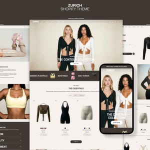 May include: A website design for the "Zurich" Shopify theme, featuring activewear. The design includes images of tops and shorts. The text "THE CONTOUR COLLECTION" is visible, alongside the Shopify logo.