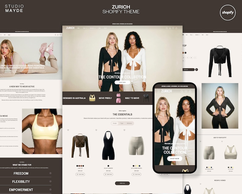 May include: A website design for the "Zurich" Shopify theme, featuring activewear. The design includes images of tops and shorts. The text "THE CONTOUR COLLECTION" is visible, alongside the Shopify logo.