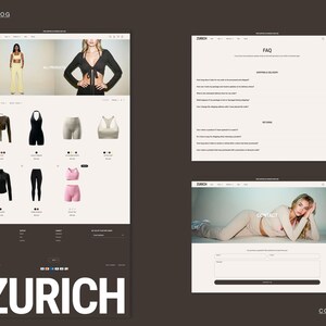 May include: A website showcasing clothing items, including tops, leggings, and shorts. The website has a minimalist design with a neutral colour palette. The brand name "ZURICH" is prominently displayed at the bottom of the page.